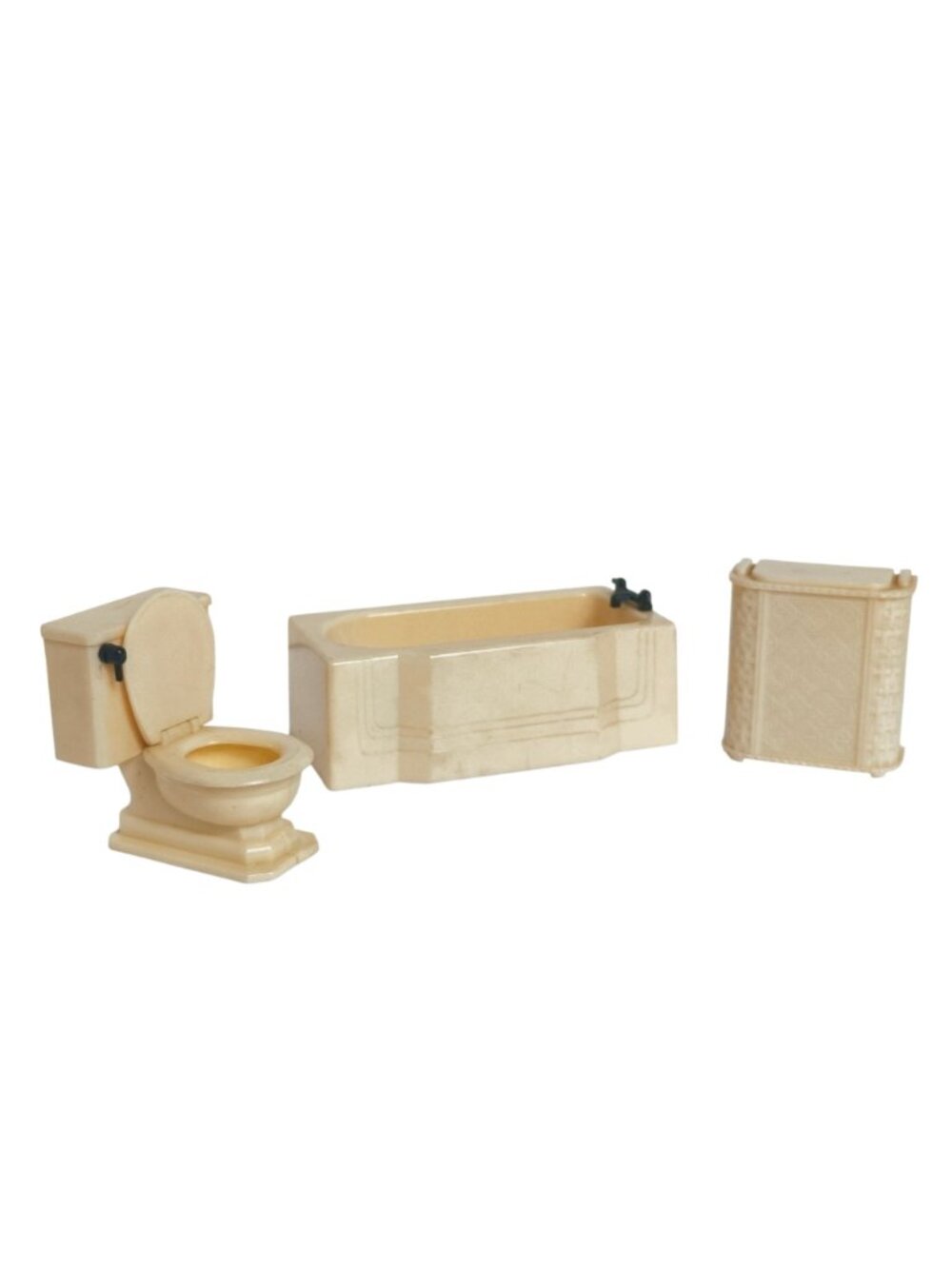 Vtg Tomy Dollhouse Bathroom Set Toilet Bathtub Hamper Beige Plastic 1950s - Picture 2 of 6